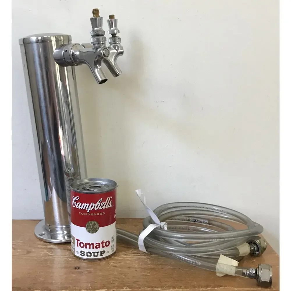 Polished Stainless Steel Dual Faucet Beer Keg Tower & Tubing 12” x 3.25”